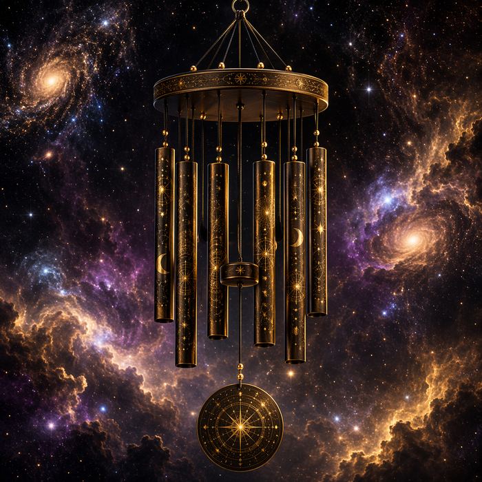 Dark bronze wind chimes engraved with golden celestial symbols, hanging in space
