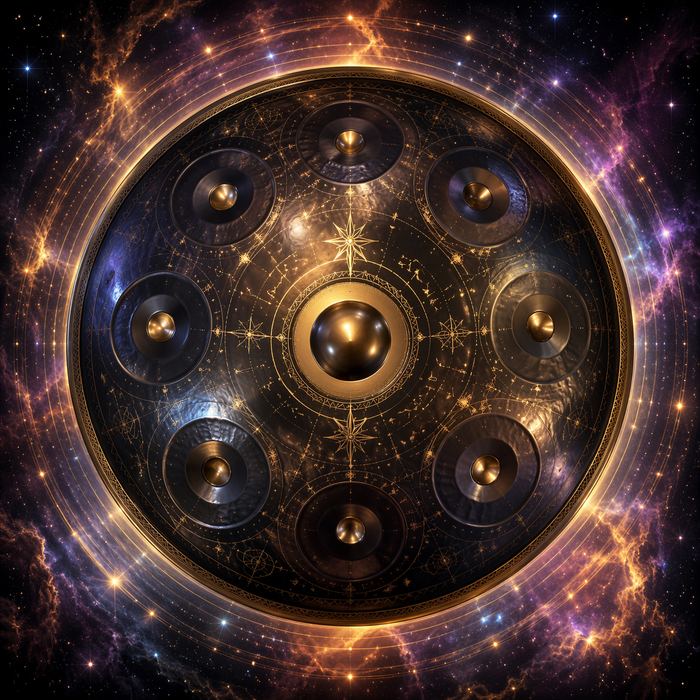 Dark steel handpan engraved with golden celestial patterns, seen from above