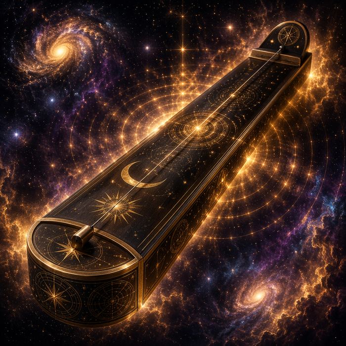 Long black monochord engraved with moons and stars, floating in space