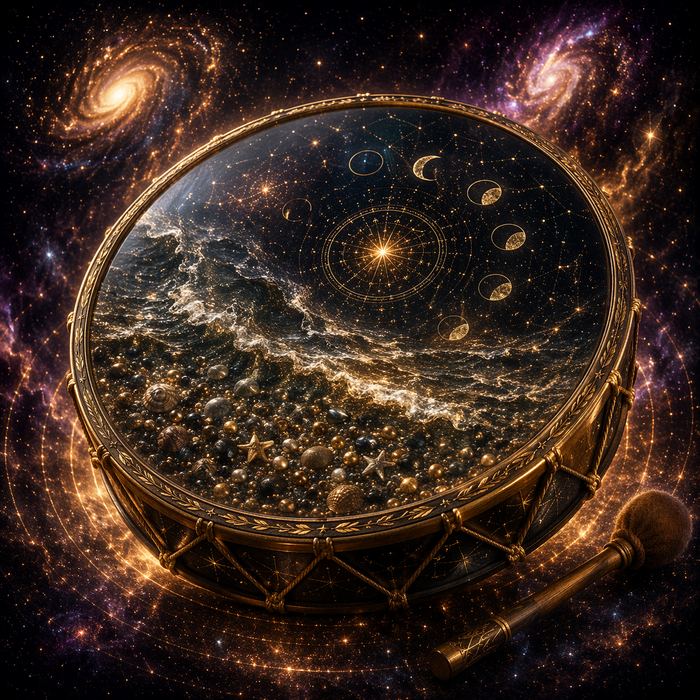Ocean drum filled with beads forming a golden sea under moon phases