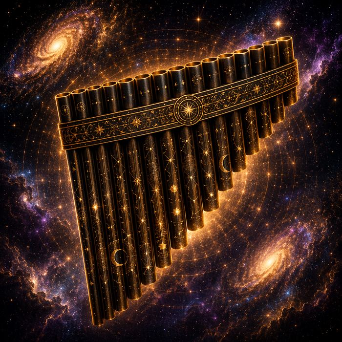 Black pan flute with golden celestial engravings on its pipes