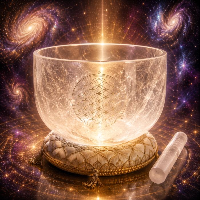 Transparent crystal singing bowl with sacred geometry and a mallet
