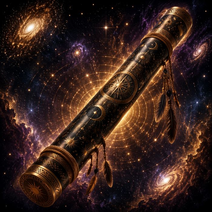 Engraved rainstick with feathers, drifting among galaxies