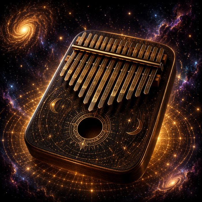 Dark kalimba sansula with golden engraved tines on a starry soundboard