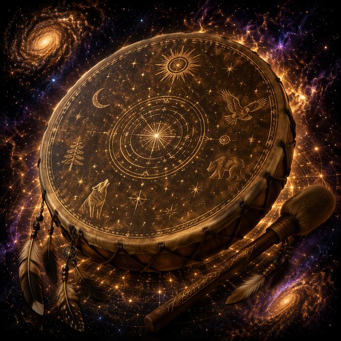 Shamanic frame drum with golden spirit animals and feathers